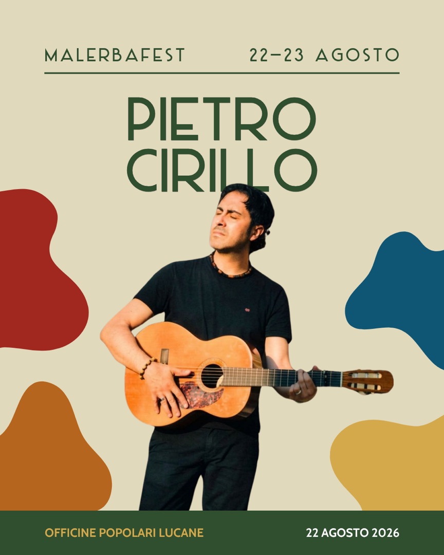 Pietro Cirillo con la chitarra, locandina del Malerba Fest 2026